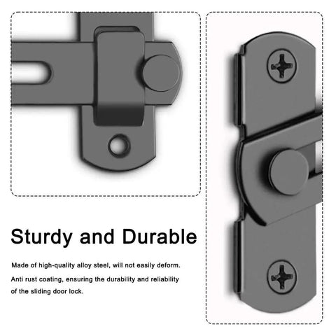 Close-up of Two Pack Barn Door Lock Set With 180 Degree Flip Sliding Latches in black alloy steel showing durability details.