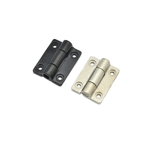 Two zinc alloy torque hinges, 28.6×36 mm, nickel and black finishes