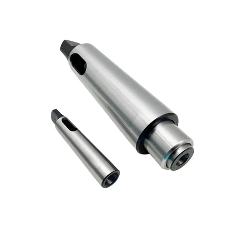 Two silver metal taper shank adapters with reducing sleeve for MT1–MT5, arbor reducer set.