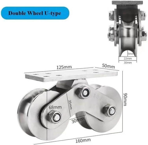 Built Tough Heavy Duty Groove Wheel Pulley For Wire Systems 304 stainless steel double wheel U-type pulley dimensions shown