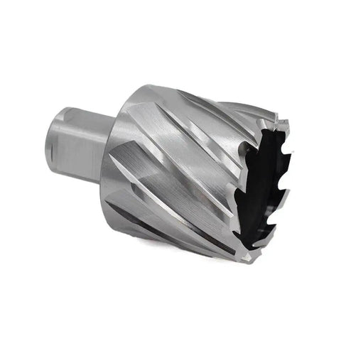 Annular Cutter For Magnetic Drill Press Oscarbide One And Five Eighths Inch Cutting Diameter One Inch Depth Of Cut Three Quarter Inch Weldon Shank With Two Flats And Pilot Pin Thin Walled With Dual Teeth For Faster Holes In Metal, side view