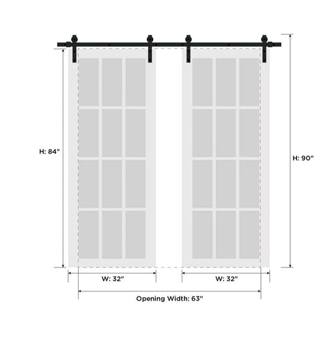 Sturdy Double Barn Door With Clear Glass In Matte Black Finish, Heavy Duty Rail Hanger Set, Floor Guide, Anti Jump Pins, Complete Sliding Hardware For 64 By 84 Opening, Two Solid Panel Interior Doors, 13 Foot Rail System, Black Rail And Clear Glass