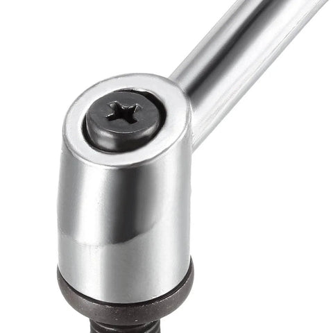 Close-up of M10 X 25mm Adjustable Clamping Lever with Push Button Locking and Rotating Screw Handles, Silver Tone