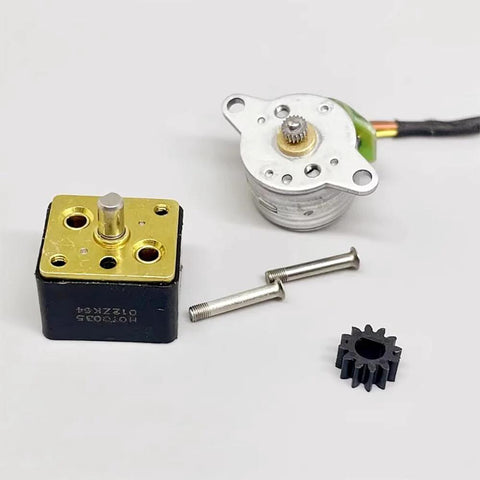 Toy micro stepper motor kit with 15mm metal gearbox, silver motor, gold gearbox plate, and small black gear.