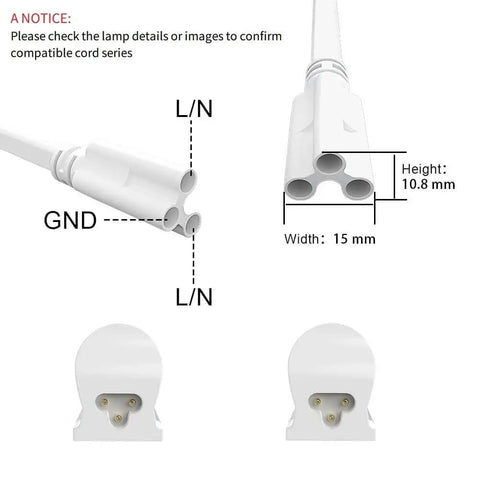 Diagram showing measurements and connector details for Four Pack 6 Foot T5 T8 LED Shop Light Connecting Wires Dual Ended Linkable Cables For LED Tube Fixtures No Soldering Required Plug And Play 3 Pin Connectors For Ceiling Lamps.
