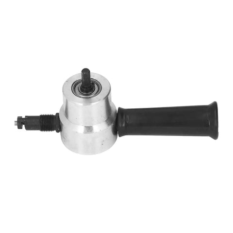 Electric Double Head Metal Nibbler Cutter Pro Grade with adjustable cutting heads and wrench, side view of stainless steel nibbler tool.