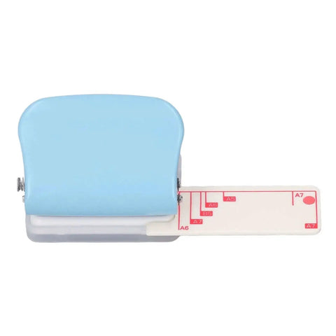 Blue handheld 3 Hole Paper Puncher DIY tool for B5 papers with plastic cover, metal body, slip-proof handle, ideal for school and home use.
