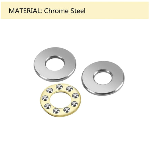 F8-16M thrust ball bearings set: chrome steel washers and gold-colored bearing race with balls, 8x16x5mm, 3 pieces