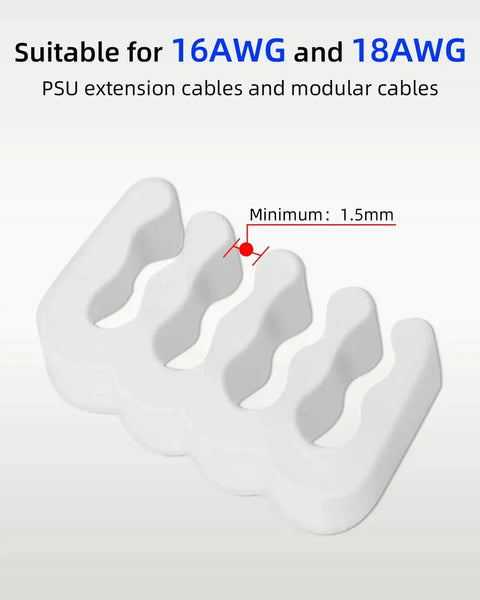 White cable comb from 48 Piece Cable Comb Kit For PC Cables, Perfect For PSU And CPU Cable Management, shown with 1.5mm spacing for 16AWG, 18AWG suitability.