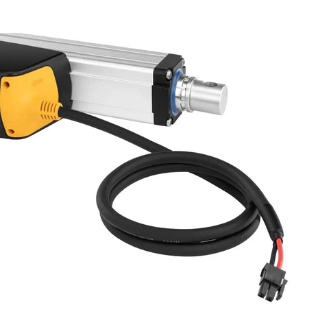 Close-up of Beefy 24V Linear Actuator With 24 Inch Stroke And Up To 3822 Lbs Thrust, cord and connector visible