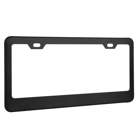Close-up of a matte black license plate frame holder with two holes, 304 stainless steel, 12.25 by 6.3 inches.
