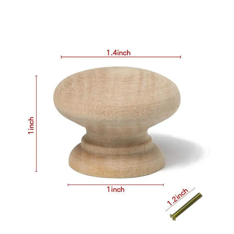 Unfinished Round Wood Drawer Knobs 10 Pack, Mushroom Shape Cabinet Hardware, 36mm Diameter Pull Handles with dimensions and screw