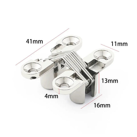 Two Pack Invisible Folding Door Hinges 180 Degree Zinc Alloy For Kitchen Cabinets And Hidden Bucket Wooden Box Budget Friendly Smooth Quiet Opening Durable Cold Rolled Steel Core Silver Finish with dimensions labeled.