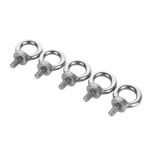 Five Piece M6 Eye Bolts Set, Stainless Steel 304 Ring Eye Bolts With Shoulder Lifting, showing silver bolts aligned in a row.