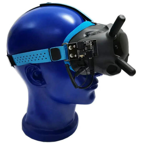 5.8G Analog Receiver Module Adapter Board for Digital FPV Goggles side mounted on a mannequin head displaying connectivity setup