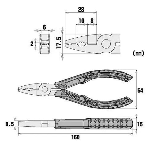 Technical drawing of 6.25 Inch Stripped Screw Extractor Pliers For Rusted Stuck And Damaged Screws And Fasteners Time Saving Professional Grade Tool Made In Japan Vampliers.