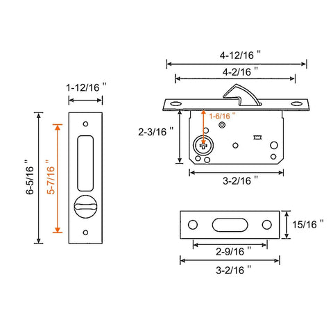 Privacy Pocket Door Lock Hardware 6.3 Inch Sliding Barn Door Lock with Keys, dimensions and details for installation view.