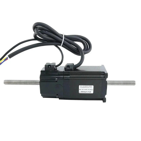 NEMA23 through-screw motor with 300mm lead screw, black housing, dual threaded shafts and multi-wire harness