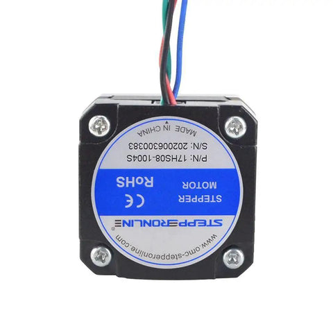 Compact Short Body NEMA 17 Bipolar Stepper Motor with wires, view of back label, ideal for DIY CNC and 3D printer builds