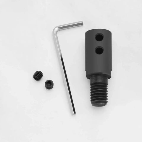 Front view of black metal angle grinder blade sleeve adapter with two mounting holes and threaded end; includes L-shaped hex key and screws