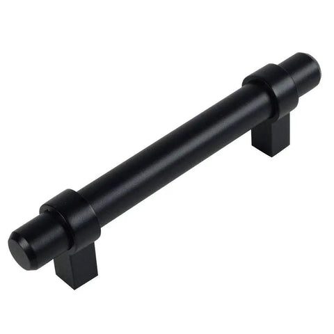 10 Pack Flat Black Euro Style Cabinet Bar Pull Handles With Three Inch Hole Centers, Four And One Half Inch Overall Length, Nine Sixteenth Inch Bar Diameter, One And Five Sixteenths Inch Projection, Includes One Inch Mounting Screws, Solid Steel, front view