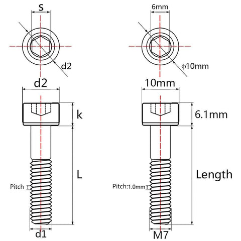 Technical diagram of Titanium M7x40 43mm Hex Socket Head Bolts 1.0mm Pitch Pack of 2 Black Grade 5 6AL-4V Allen Bolts.