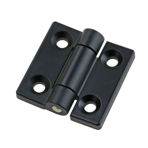 Door hinge, front view, black zinc alloy with torque damper, 1.0 N.m, four mounting holes