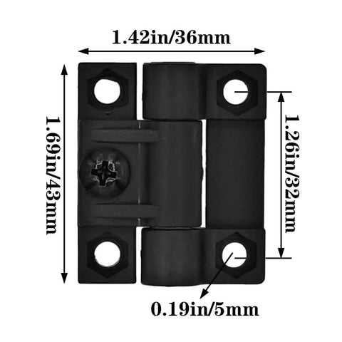 Adjustable Torque Hinge Set For Wooden Boxes And Cabinets 43mm X 36mm Black Nylon Butt Hinges 4 Pack, front view with measurements