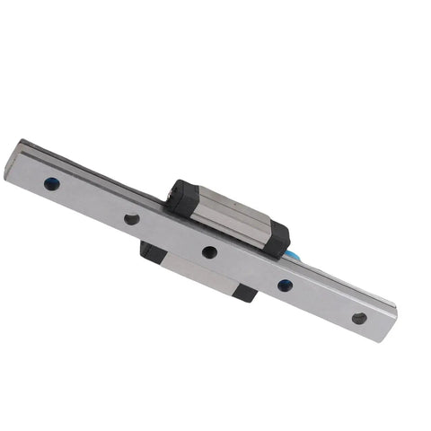 LML9B Miniature Linear Guide Rail 9mm Width with Slide Block, showing 4-point contact design and lubrication system, angled view