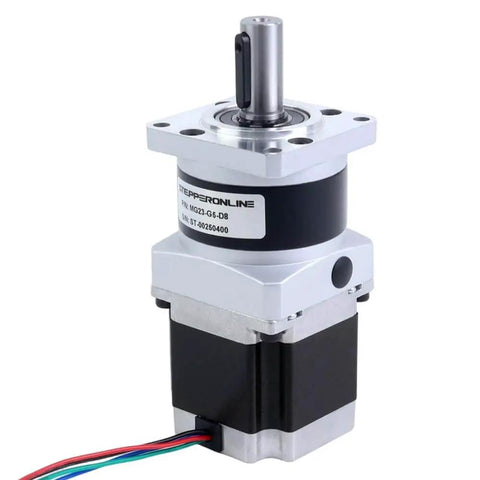 Beefy Torque Nema 23 Bipolar Stepper Motor With 5 To 1 Planetary Gearbox MG Series 54.5mm Length, shown with built-in shaft coupling