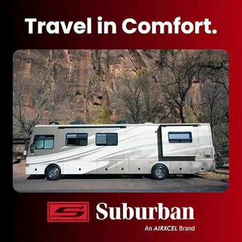 Luxury RV in scenic landscape with brand logo and slogan 'Travel in Comfort.'