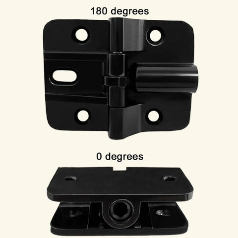 Space Saving Zinc Alloy Folding Hinge Kit With Locking 90 Degree Design For Bifold Doors Four Pack Built Tough For Folding Tables Pet Gates Small Fence Gates And Mechanical Equipment showcasing hinge at 180 and 0 degrees.