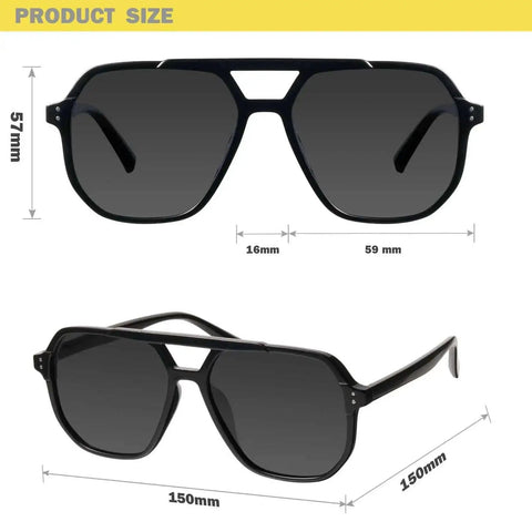 Aviator Sunglasses For Women And Men Polarized Black UV Protection Dope Unisex Shades With Oversized Retro Vintage Style Double Bridge Sturdy Frame Fashionable And Trendy front and side view dimensions.