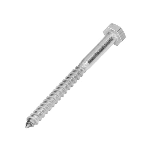 304 Stainless Steel Half Thread Wood Hex Lag Screws Self Tapping For Carpentry High Hardness And Durability DIN571 Standard M6 70mm Ideal For Wooden Houses Roof Components Eases Drilling With Pointed Tail No Pre Drilling Needed, showing a single screw with hex head and pointed tail.