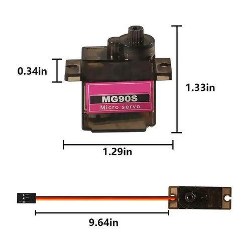 MG90S micro servo with dimensions shown, part of Dope 4 Pack Micro Servo Motors 9G Geared RC Servos For DIY Robots And RC Projects