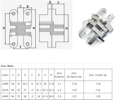 Stainless Steel Hidden Hinge Set for 180 Degree Folding Doors and Cabinets 2 Pack Concealed Cross Door Hinges with size chart.