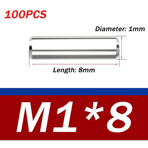 Set Of 100 Premium 304 Stainless Steel Dowel Pins, Precision Ground For Tight Fit, Solid Metal Dowel Pins For CNC Machining, Machinery, Fixtures And Mold Fastening, 1x8, showing size and quantity