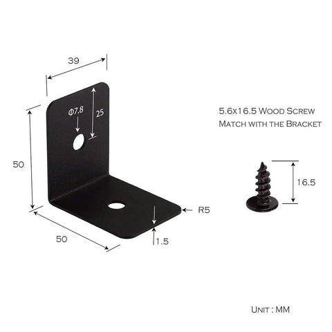 Technical diagram of 4 Pack Heavy Duty Iron Corner Protectors 2x2x1.5 Inch Black Decorative Corner Brackets with matching wood screw.