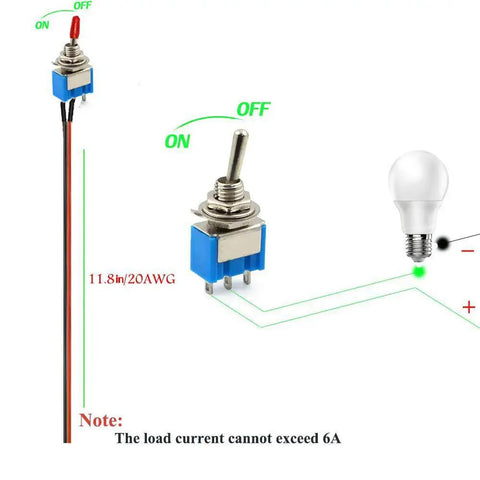 Blue mini SPST toggle switch shown in front and side views with pre-soldered red and black wires