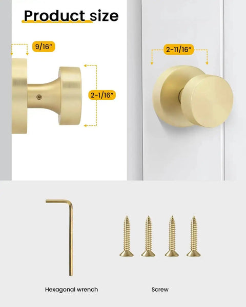 Gold Dummy Door Knobs Set Four Pack Heavy Duty Zinc Alloy With Brushed Gold Finish No Turning Interior Knobs dimensions and screws