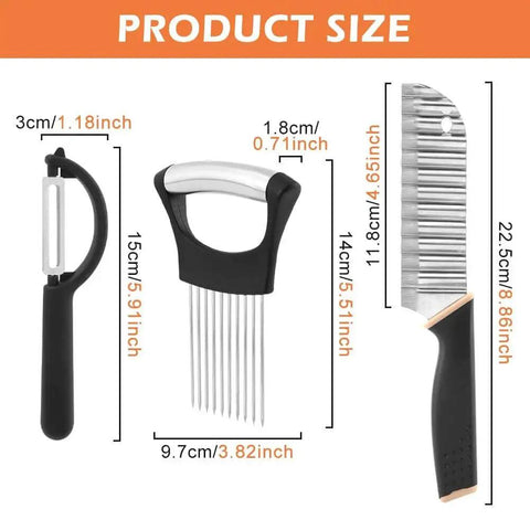 Product size of Black Crinkle Cutter With Onion Holder And P Type Peeler Stainless Steel Wavy Veggie Slicer With Handle Potatoes And Veggies Slicing Tool Set No Nonsense Kitchen Gadget For Onions Carrots Cucumbers And More.
