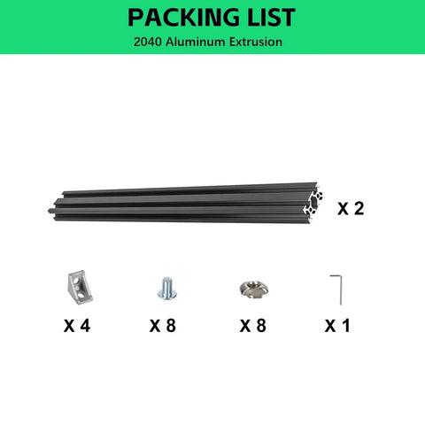 Packing list showing 2040 V Slot Aluminum Extrusion Profile 1220mm Two Pack Set European Standard Anodized Linear Rail Kit with components