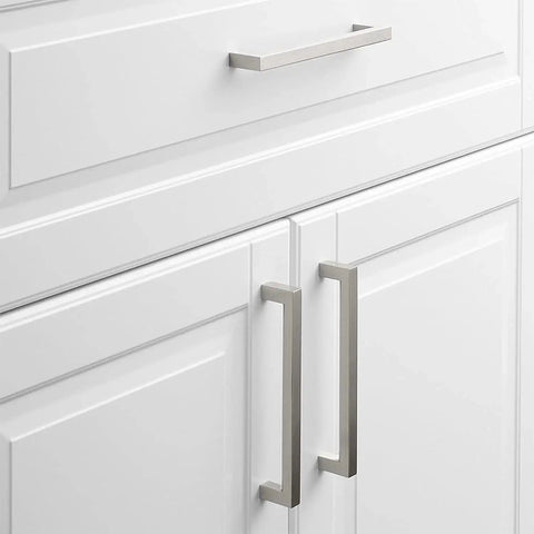 5 Inch Brushed Nickel Cabinet Pulls 10 Pack Square Handles Modern Stainless Steel Hardware For Cabinets Drawers Dressers Closets Smooth Brushed Nickel Finish Center Hole 5 Inch For Easy Installation installed on white cabinet doors