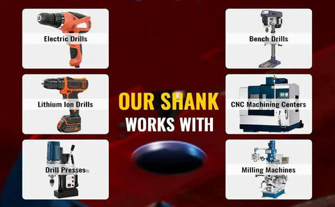 Chart showing different drills and machines compatible with the five-piece countersink drill bit set for woodworking and metal projects.