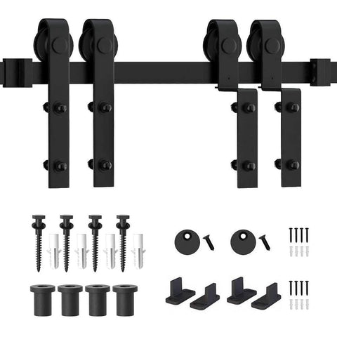 7.5 Foot Bypass Sliding Barn Door Hardware Kit For Low Ceiling With Overlapping Tracks, heavy duty carbon steel rollers