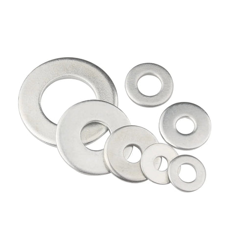 Flat washers, stainless steel 304/18-8, assorted sizes; 7 washers shown