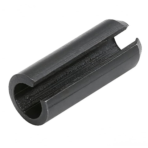 Close-up of a single piece from an Assorted Slotted Spring Dowel Pins Kit, 450 Piece Set, Durable Spring Steel With Black Oxide Finish.