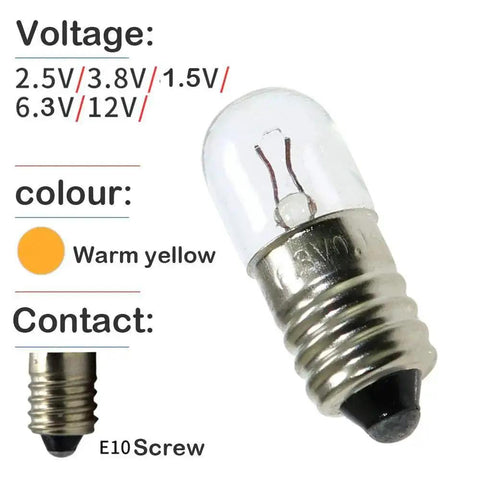 E10 screw mini bulb with warm yellow light, voltage options 2.5-12V, part of 10 Pack Mini Screw Bulbs 6.3V Plus 5 E10 Mini Bulb Holders Black Plastic Brass Sockets Dope DIY Lighting Kit For Student Experiments Durable Reliable Screw Type Bulb Socket Assembly