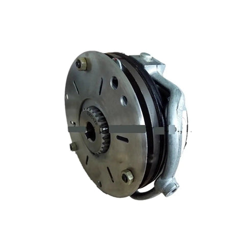 Front view of electromagnetic clutch/brake assembly with round steel housing and mounting bolts