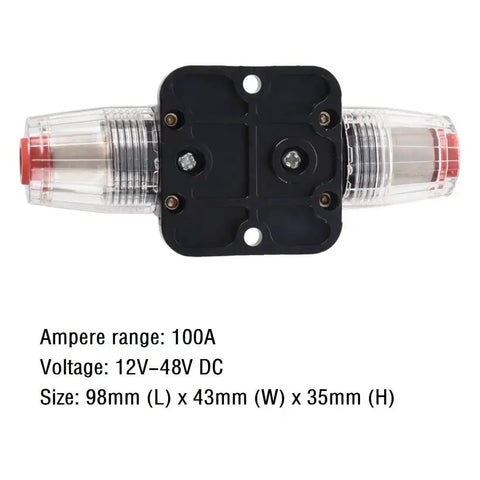 Inline Fuse Holder With Resettable Circuit Breaker For Car Audio Protection, 12V 24V DC, Push Button Reset, black and transparent